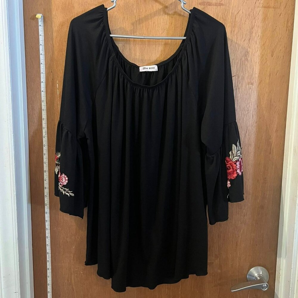 Size 3X - Blue Mood - Black Peasant Blouse w/Floral Bell Sleeves